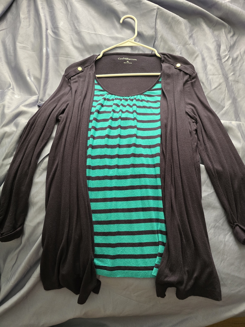 Croft & Barrow Black Cardigan with Teal & Navy Striped Tank